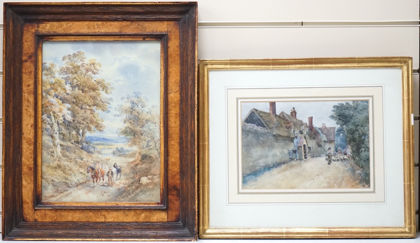 19th century English School, Study of shire horses on a path, unsigned, housed in a burr wood frame, watercolour, together with a similar work, Shepherd and flock of sheep, largest 34 x 24cm